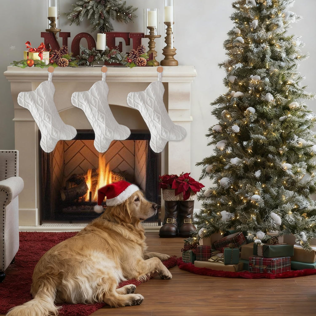 Mayler Yee Dog Christmas Stocking White Knit Bone Shape 16.7x9.6 Inch
