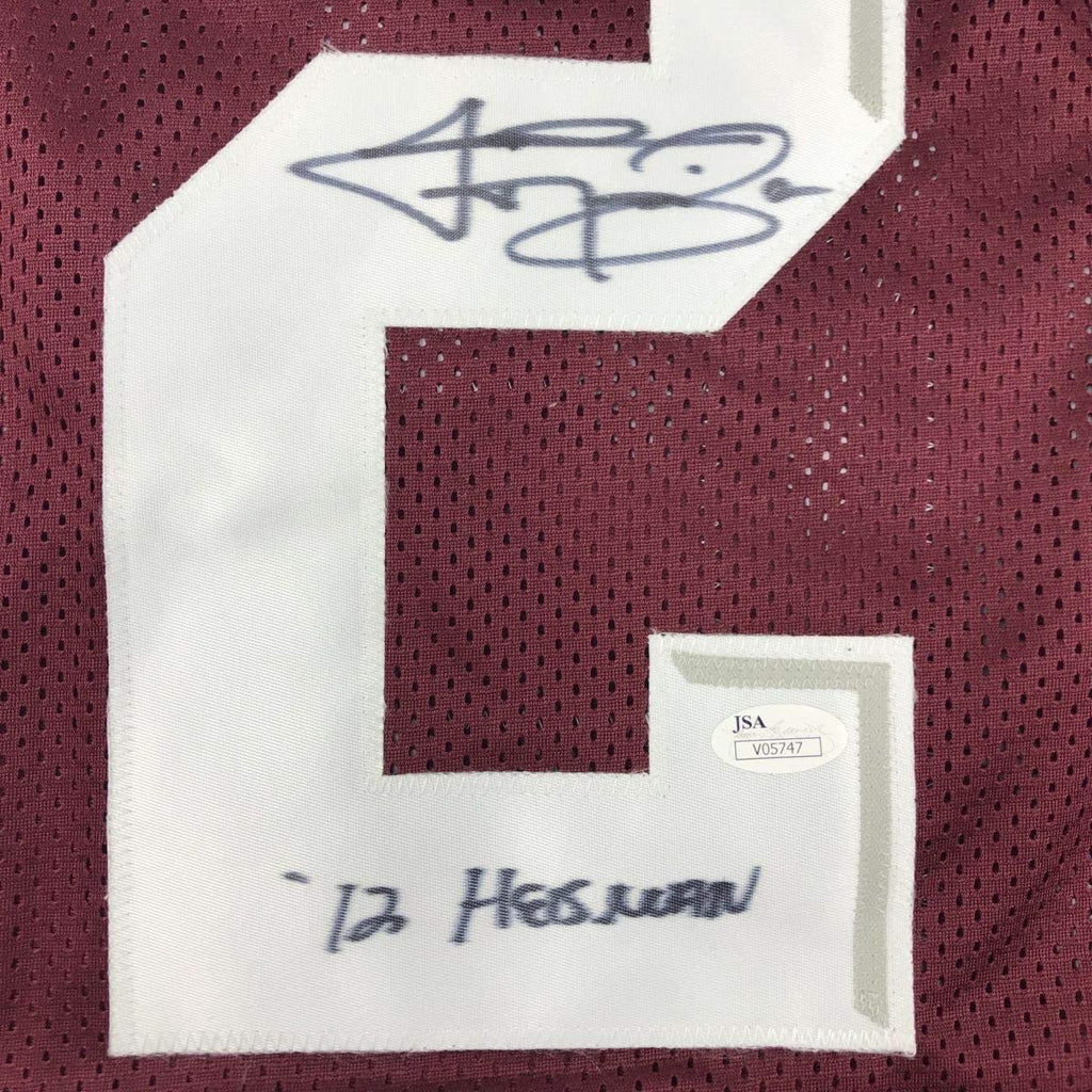 Framed Autographed/Signed Johnny Manziel 12 Heisman 35x39 Texas A&M Maroon College Football Jersey JSA COA