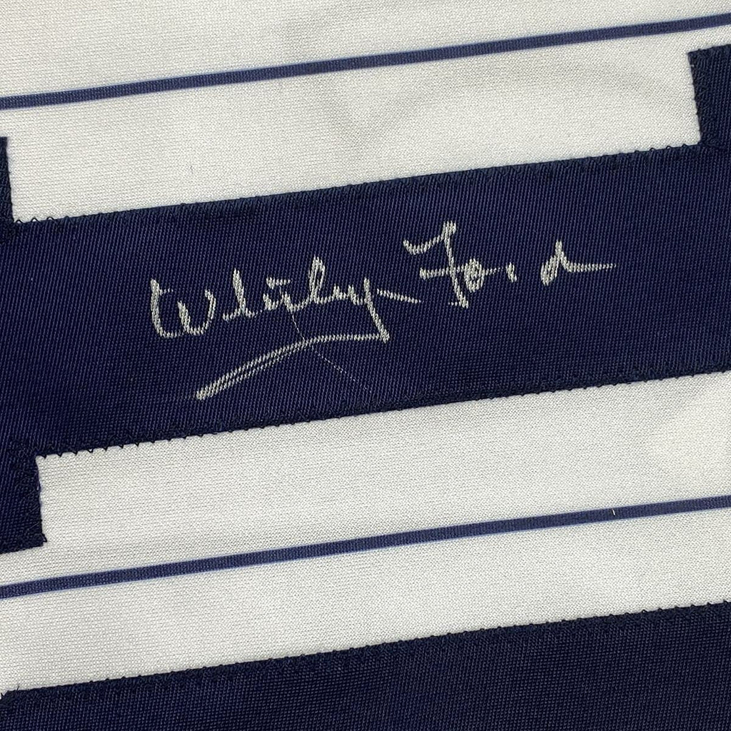 Framed Autographed/Signed Whitey Ford 35x39 New York Pinstripe Baseball Jersey PSA/DNA COA #2