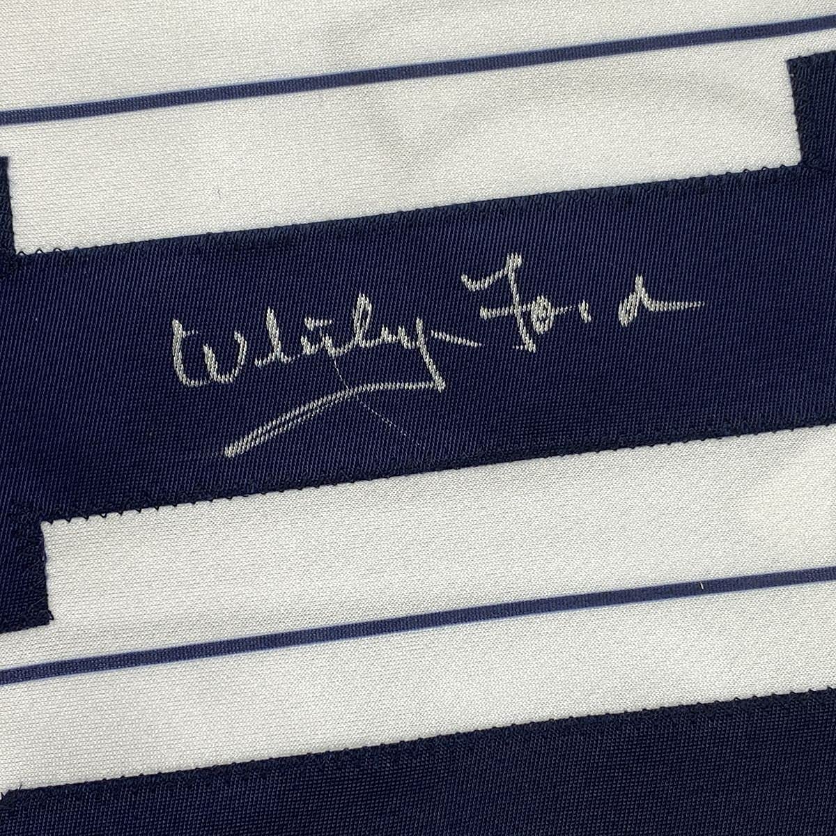 Framed Autographed/Signed Whitey Ford 35x39 New York Pinstripe Baseball Jersey PSA/DNA COA #2