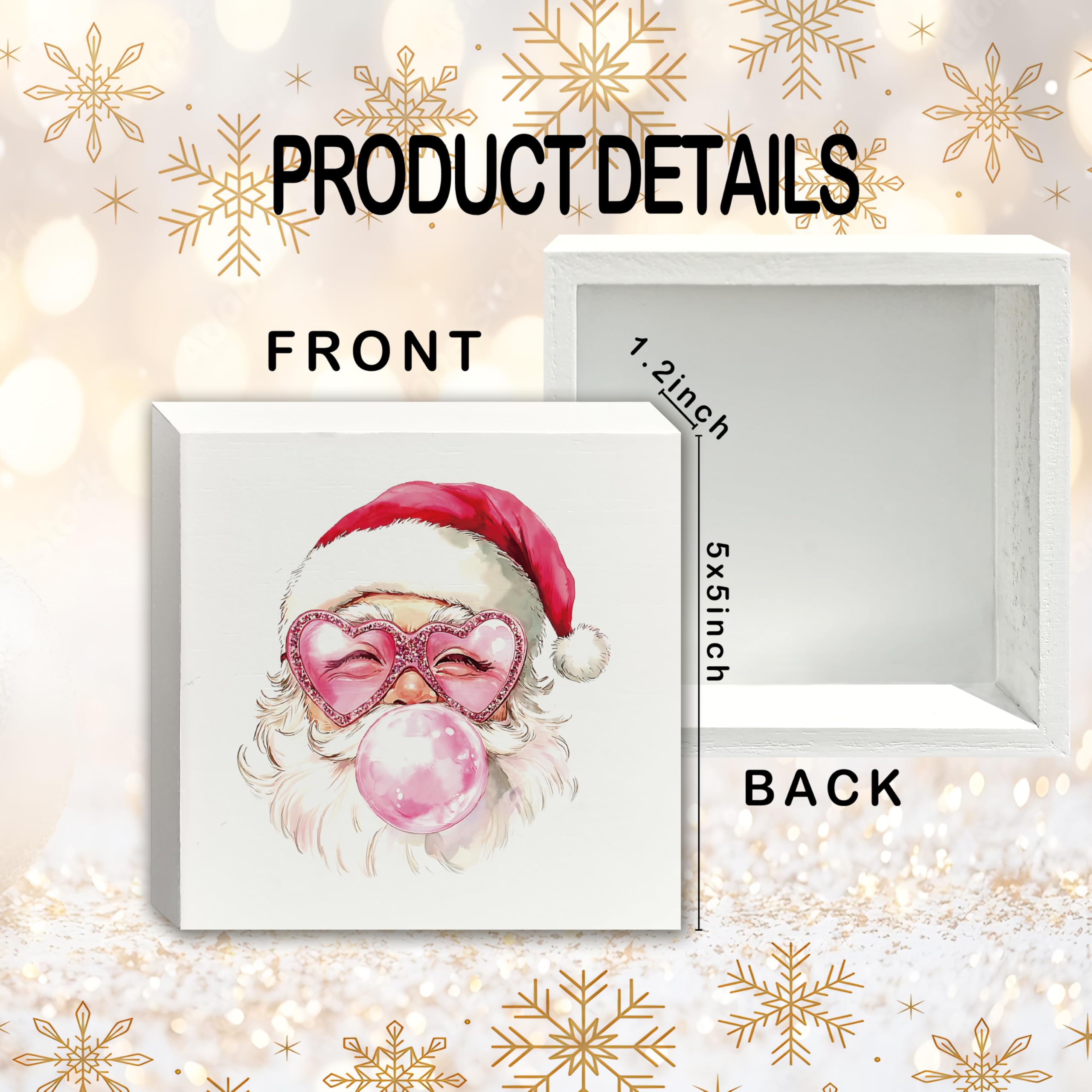 XUNLURY Santa Wooden Box Sign Pink Christmas Decor 5x5 Inch