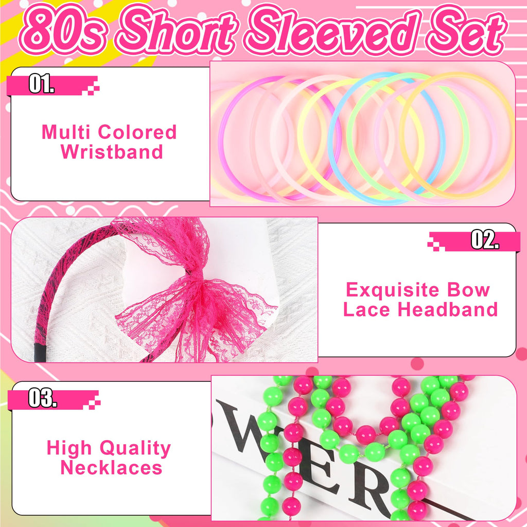 80s Outfit Costume Accessories for Women 1980s Outfits T Shirt Tutu Skirt Headband Bracelets Gloves for Theme Party Multicolor