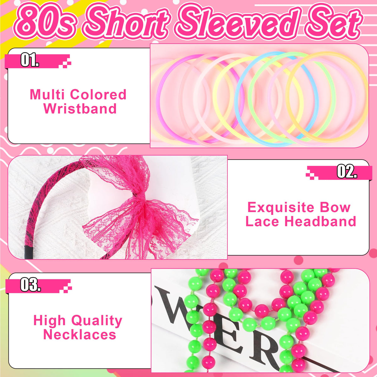 80s Outfit Costume Accessories for Women 1980s Outfits T Shirt Tutu Skirt Headband Bracelets Gloves for Theme Party Multicolor
