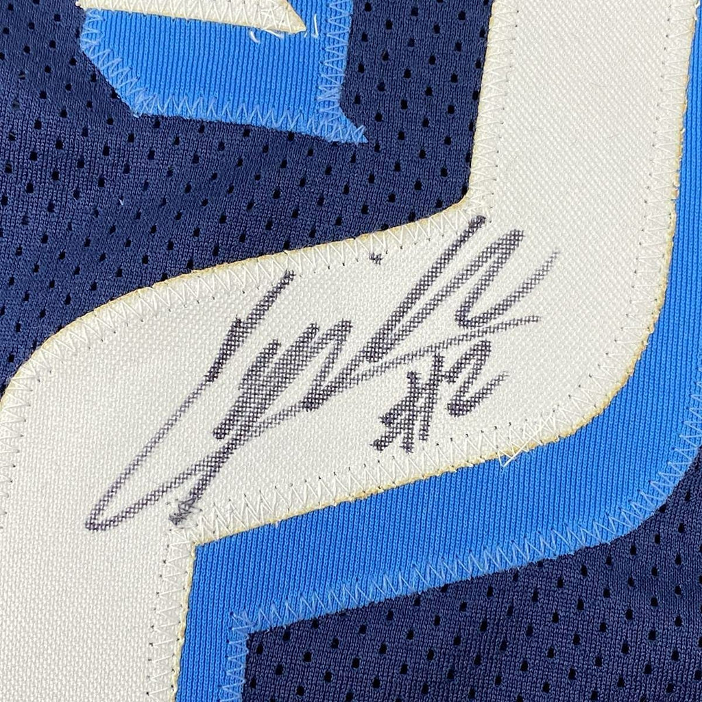 Framed Autographed/Signed Collin Gillespie 35x39 Villanova Blue College Basketball Jersey PSA/DNA COA