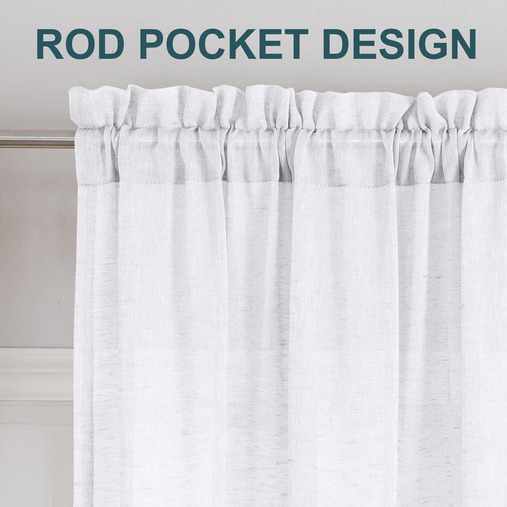 Turquoize Linen Sheer Rod Pocket Curtains 52x63in Set of 2 Pure White