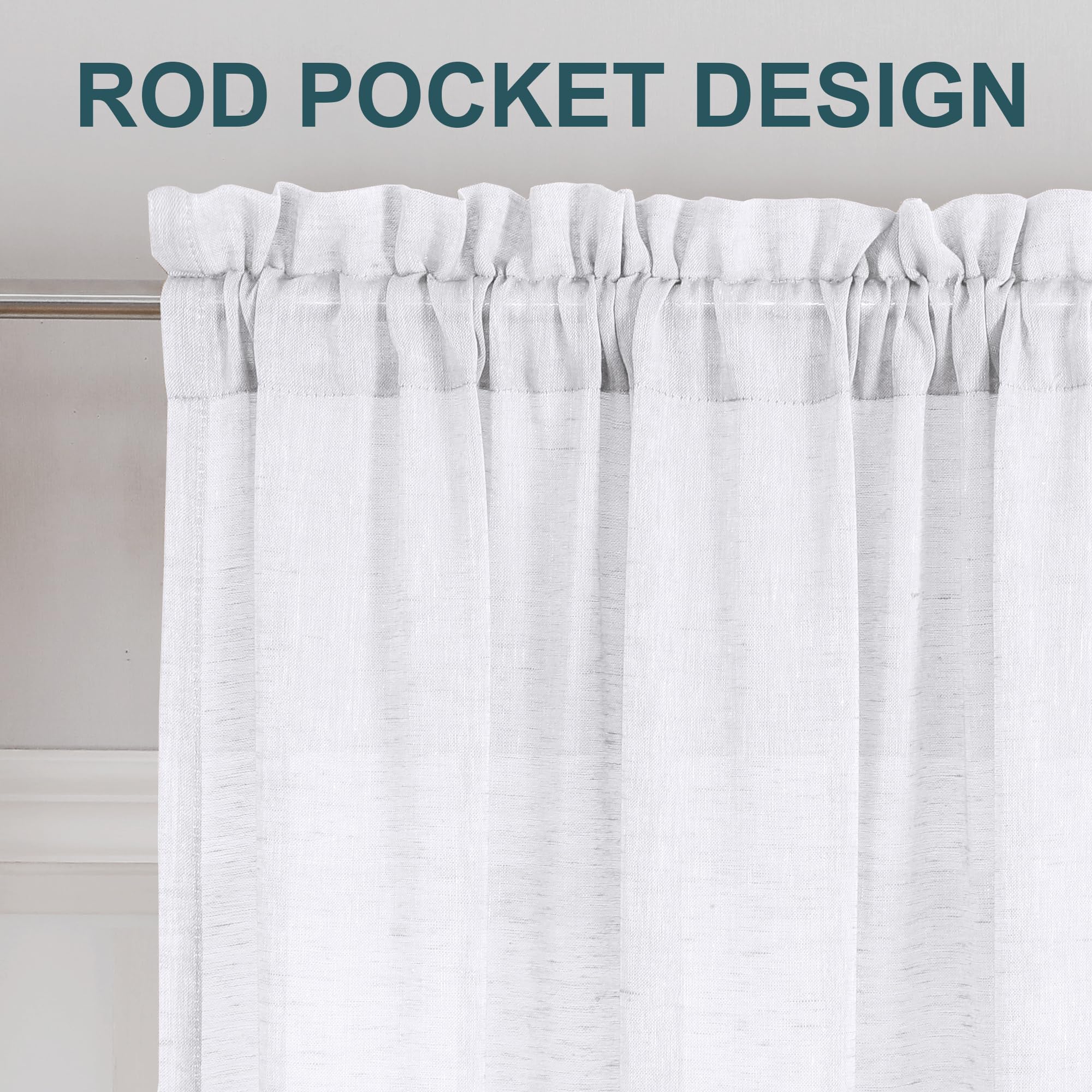Turquoize Linen Sheer Rod Pocket Curtains 52x63in Set of 2 Pure White