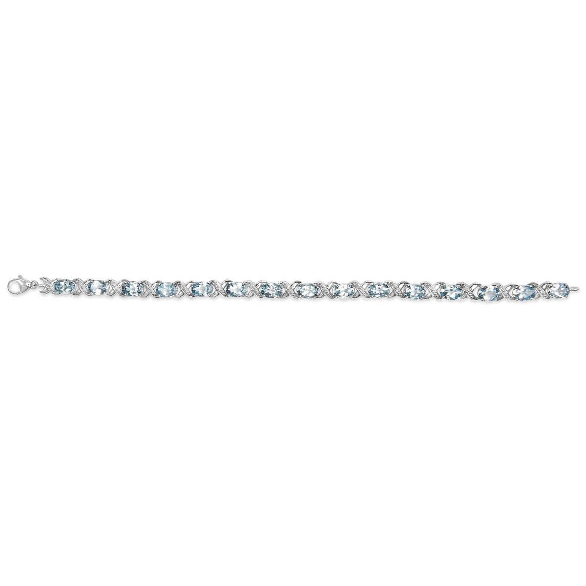 .925 Sterling Silver 16.0 Cttw Oval Blue Topaz and Diamond Accent Tennis X Link Bracelet (I-J Color, I1-I2 Clarity) - Size 7" Inch