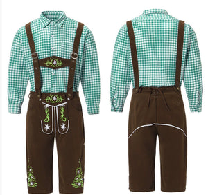 Green shirt and brown overalls