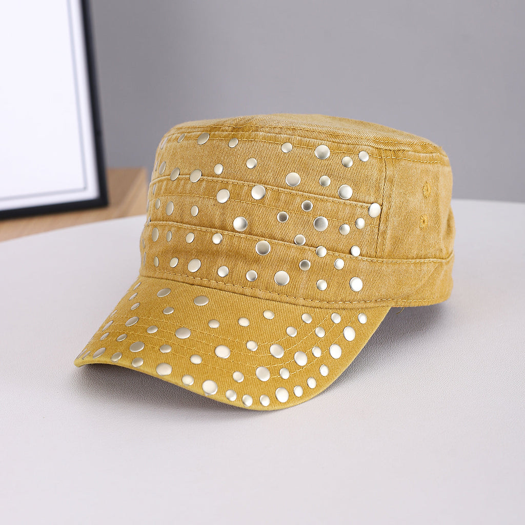Men's And Women's Metal Rivet Decorated Washed And Distressed Material Flat-top Style Retro Punk Hat. Suitable For Daily Street Wear In School Settings.