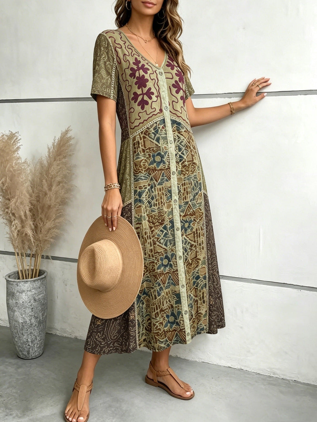 EBay Cross-border European And American Foreign Trade Summer Bohemian Patchwork Printed Dress V-neck Single-breasted A-line Midi Dress