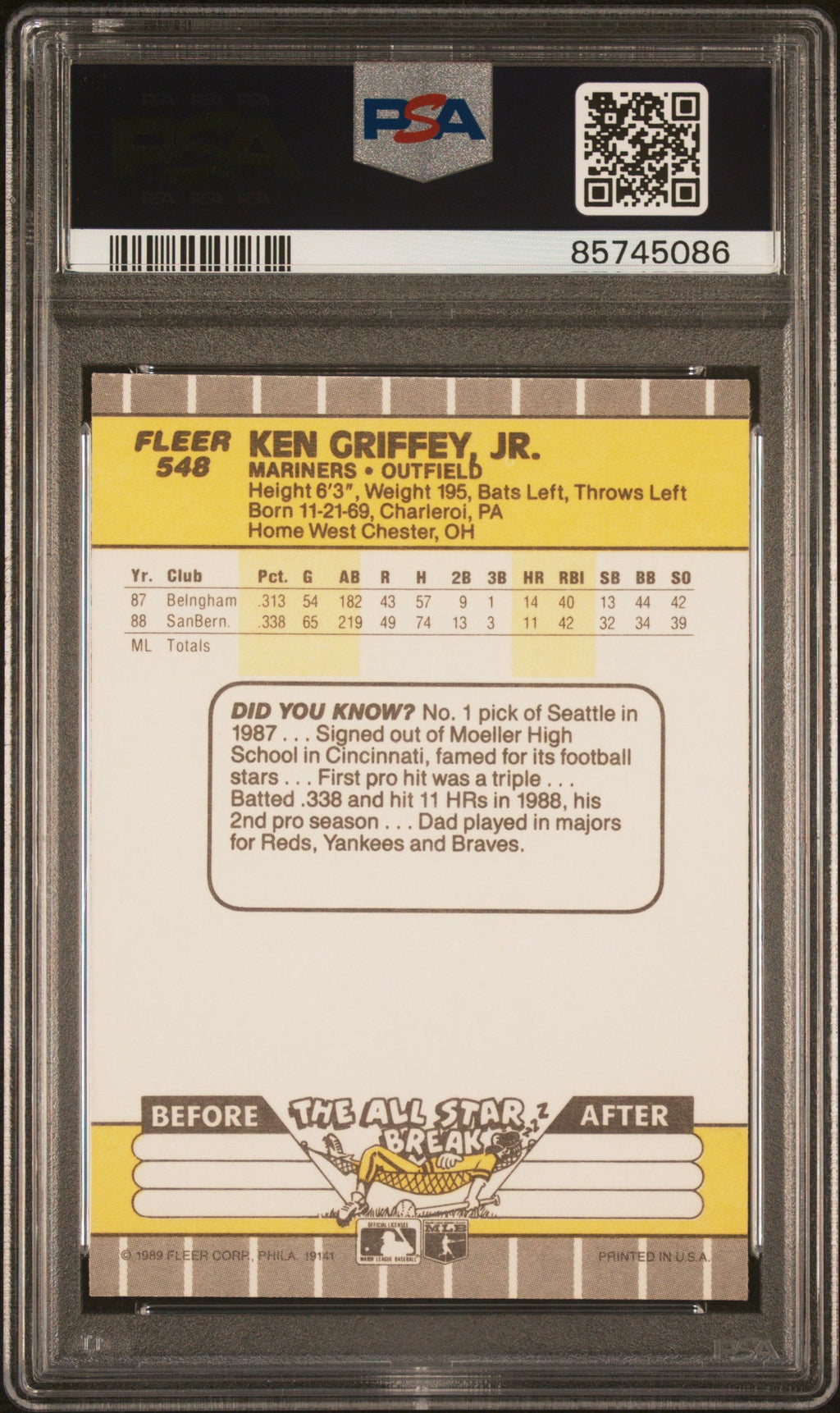 Graded 1989 Fleer Ken Griffey Jr. #548 Rookie RC Baseball Card PSA 10 Gem Mint
