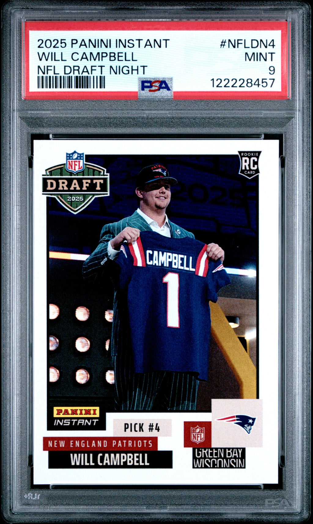 Graded 2025 Panini Instant Will Campbell #NFLDN4 NFL Draft Night Rookie RC Football Card PSA 9 Mint