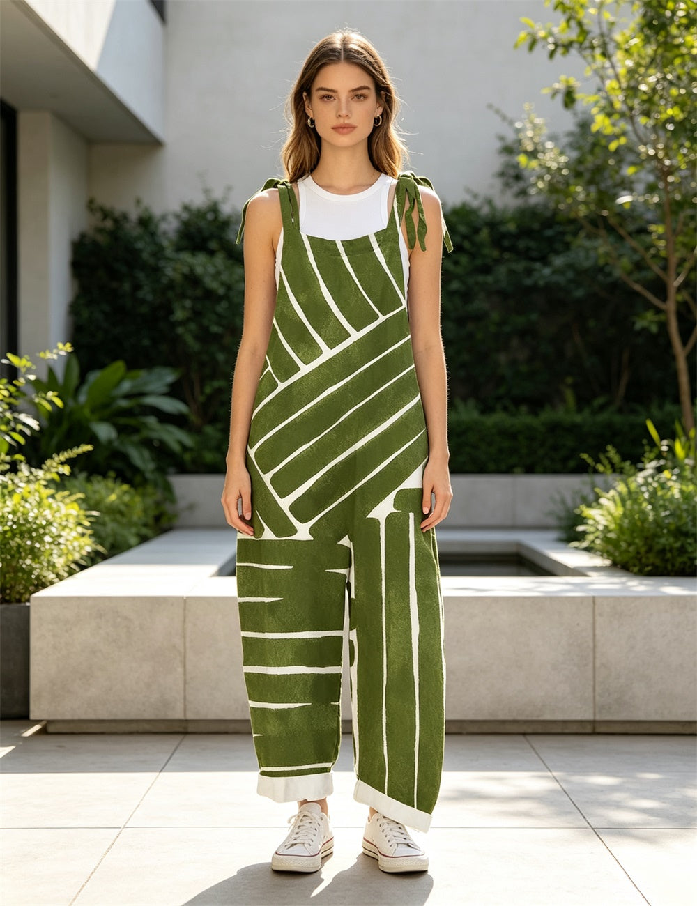 Women Green Abstract Geometric Print Tie Strap Overalls, Loose Wide Leg Rolled Cuff Casual Jumpsuit With Pockets