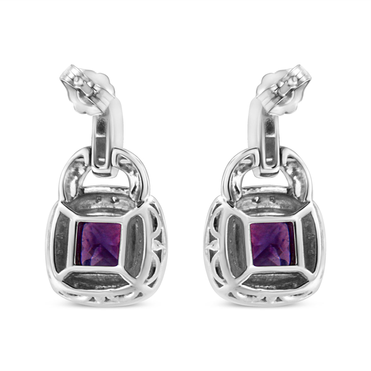 .925 Sterling Silver 8MM Natural Cushion Shaped Amethyst and Diamond Accent Halo with Push Back Dangle Earrings (I-J Color, I2-I3 Clarity)