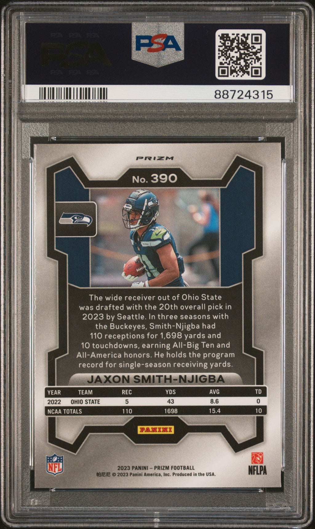 Graded 2023 Panini Prizm Jaxon Smith-Njigba #390 Neon Green Pulsar Rookie RC Football Card PSA 10 Gem Mint