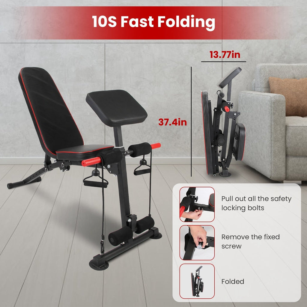 Adjustable Weight Bench with Preacher Curl Pad & Resistance Bands