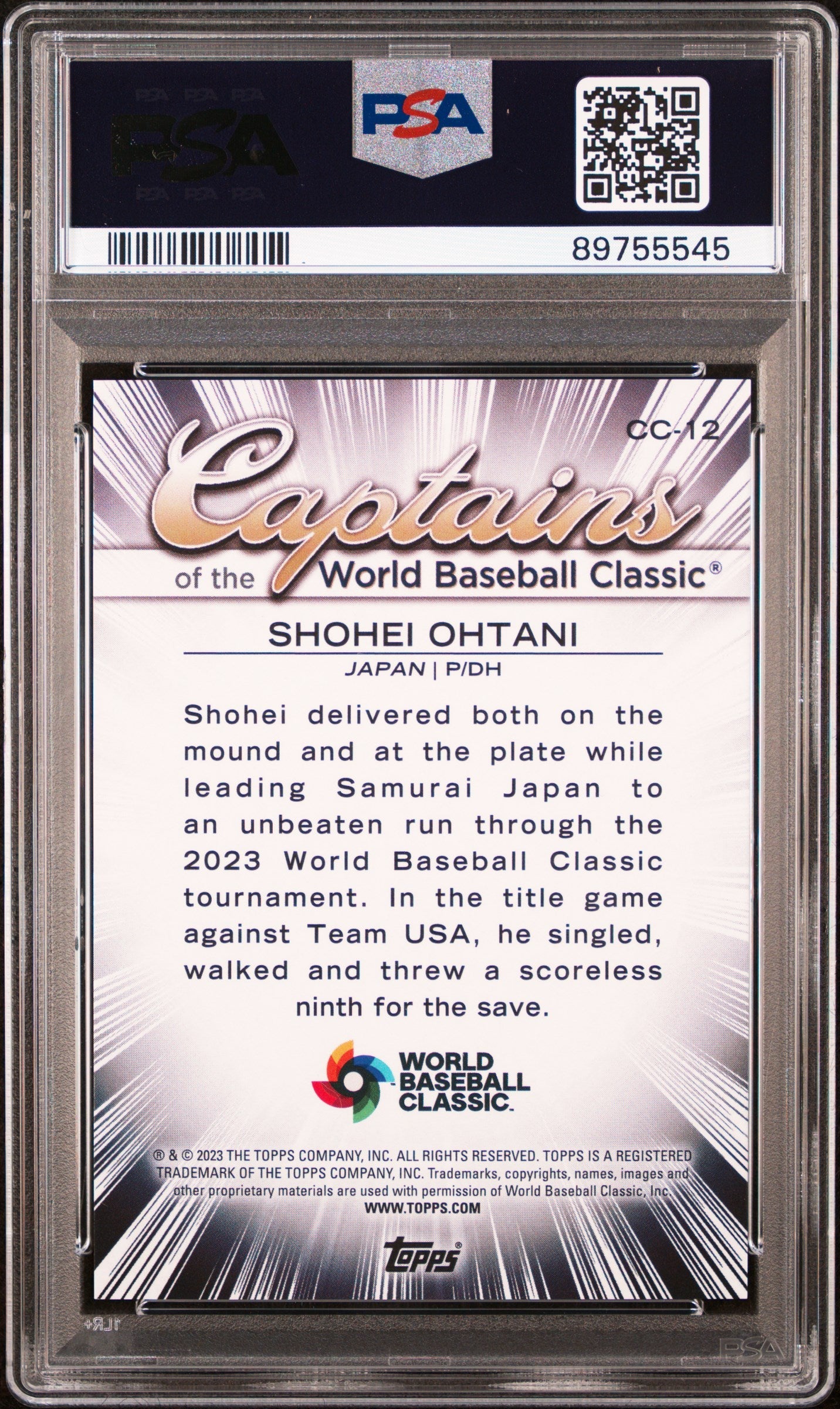 Graded 2023 Topps WBC Shohei Ohtani #CC12 Captains of the WBC Baseball Card PSA 10 Gem Mint