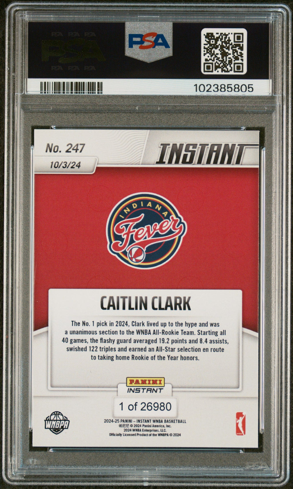 Graded 2024 Panini Instant WNBA Caitlin Clark #247 2024 WNBA All Rookie Team Rookie RC Basketball Card PSA 10 Gem Mint
