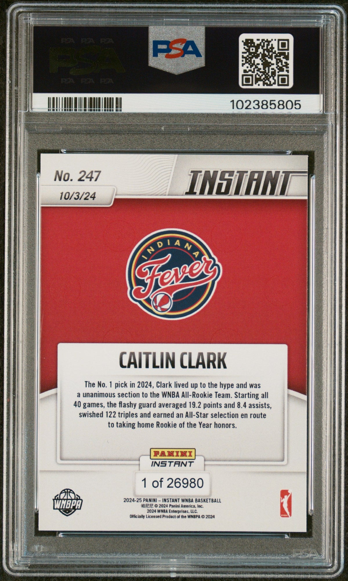 Graded 2024 Panini Instant WNBA Caitlin Clark #247 2024 WNBA All Rookie Team Rookie RC Basketball Card PSA 10 Gem Mint