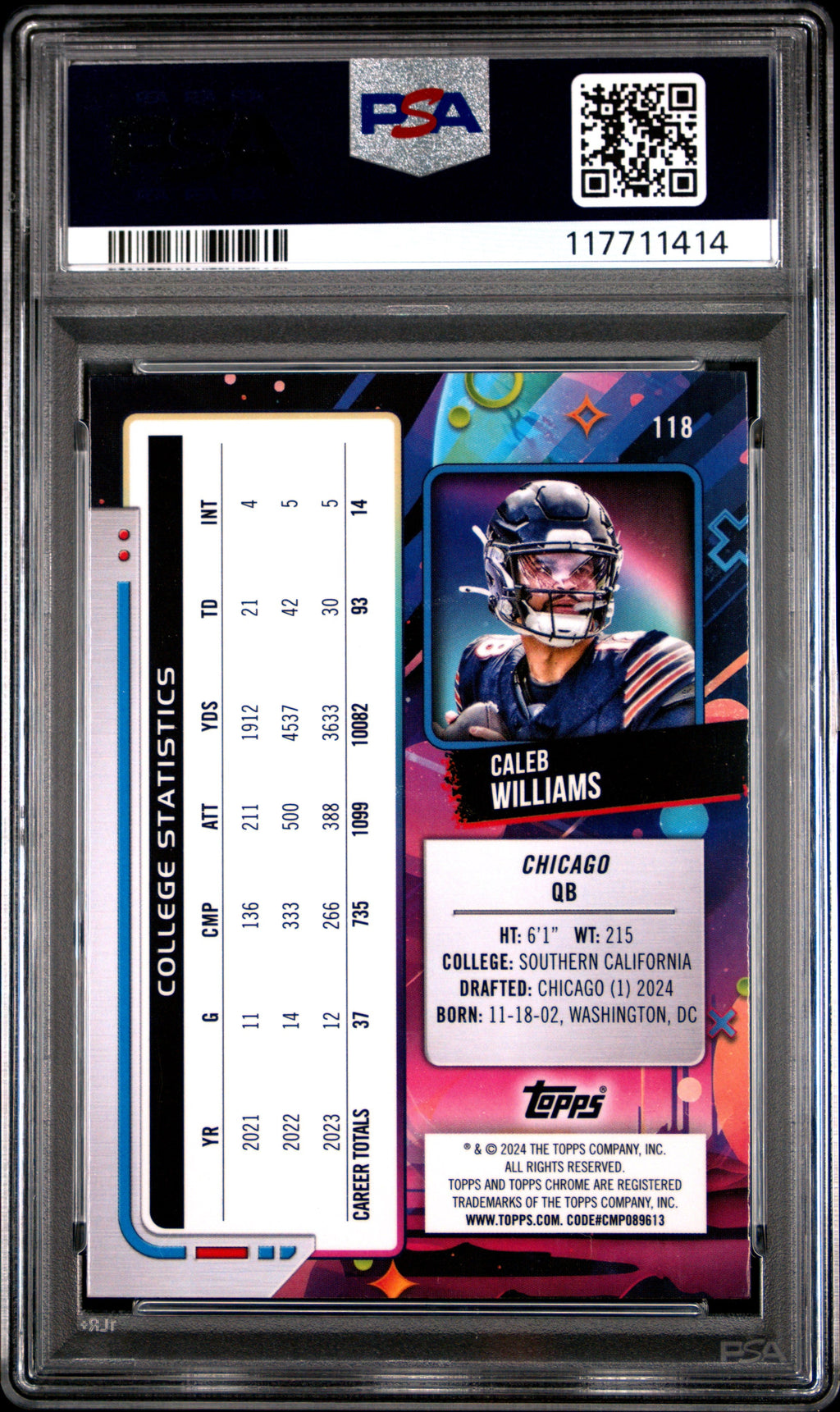 Graded 2024 Topps Cosmic Chrome Caleb Williams #118 Rookie RC Football Card PSA 10 Gem Mint