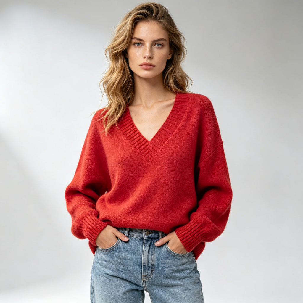 Women's Loose-fit V-neck Casual All-match Knit Sweater