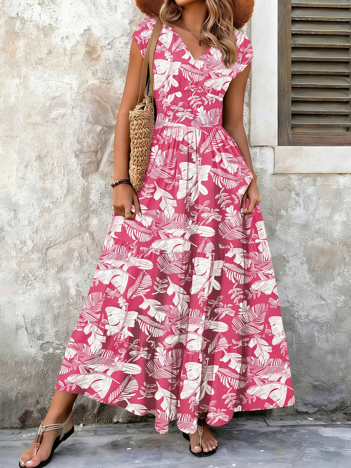 2026 Amazon Cross-Border Export Retro Printed Dress Fashionable And Elegant V Neck Short-Sleeved Dress Women's Dress