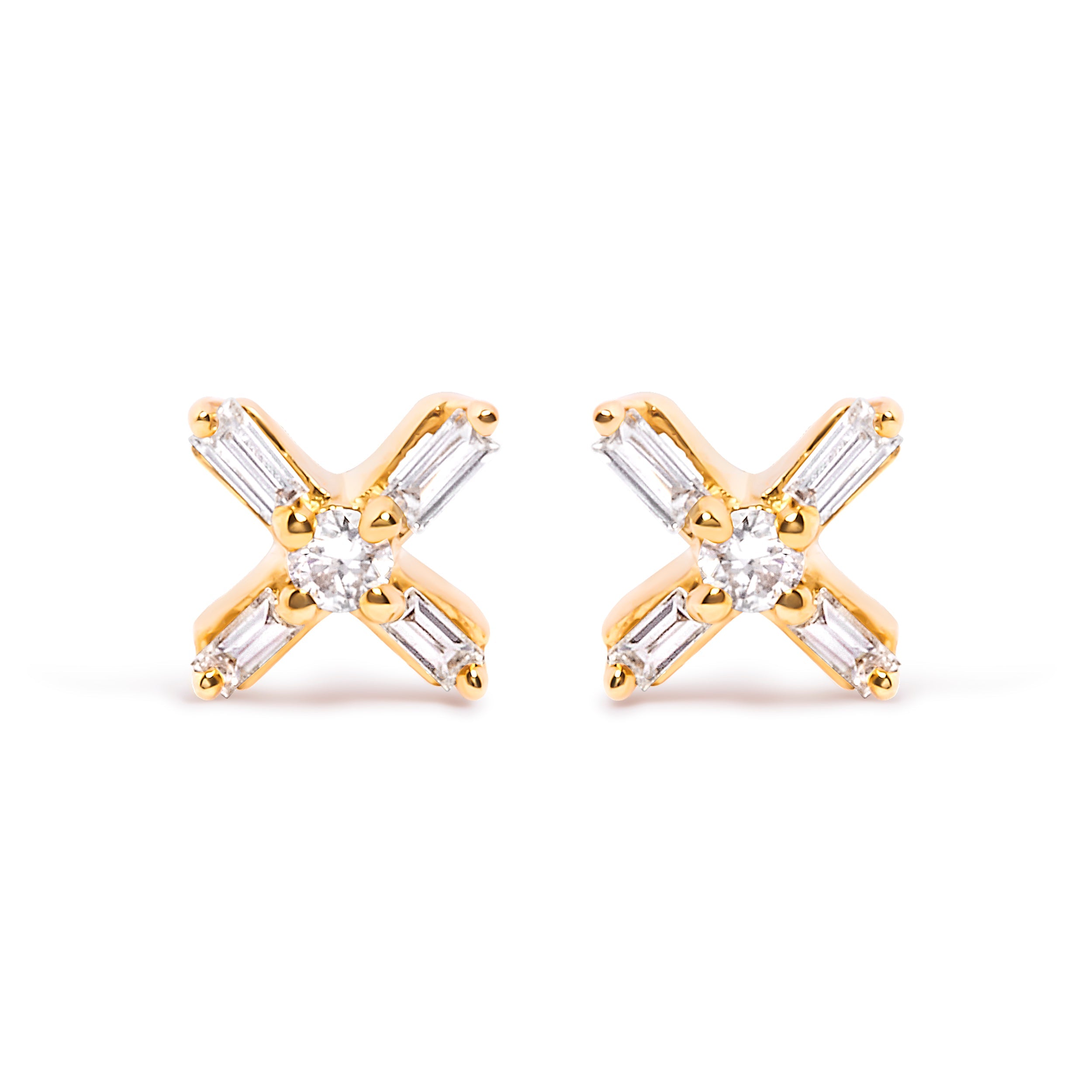 10K Yellow Gold 1/10 Cttw Round and Baguette Diamond Criss Cross X Stud Earring (H-I Color, I1-I2 Clarity)