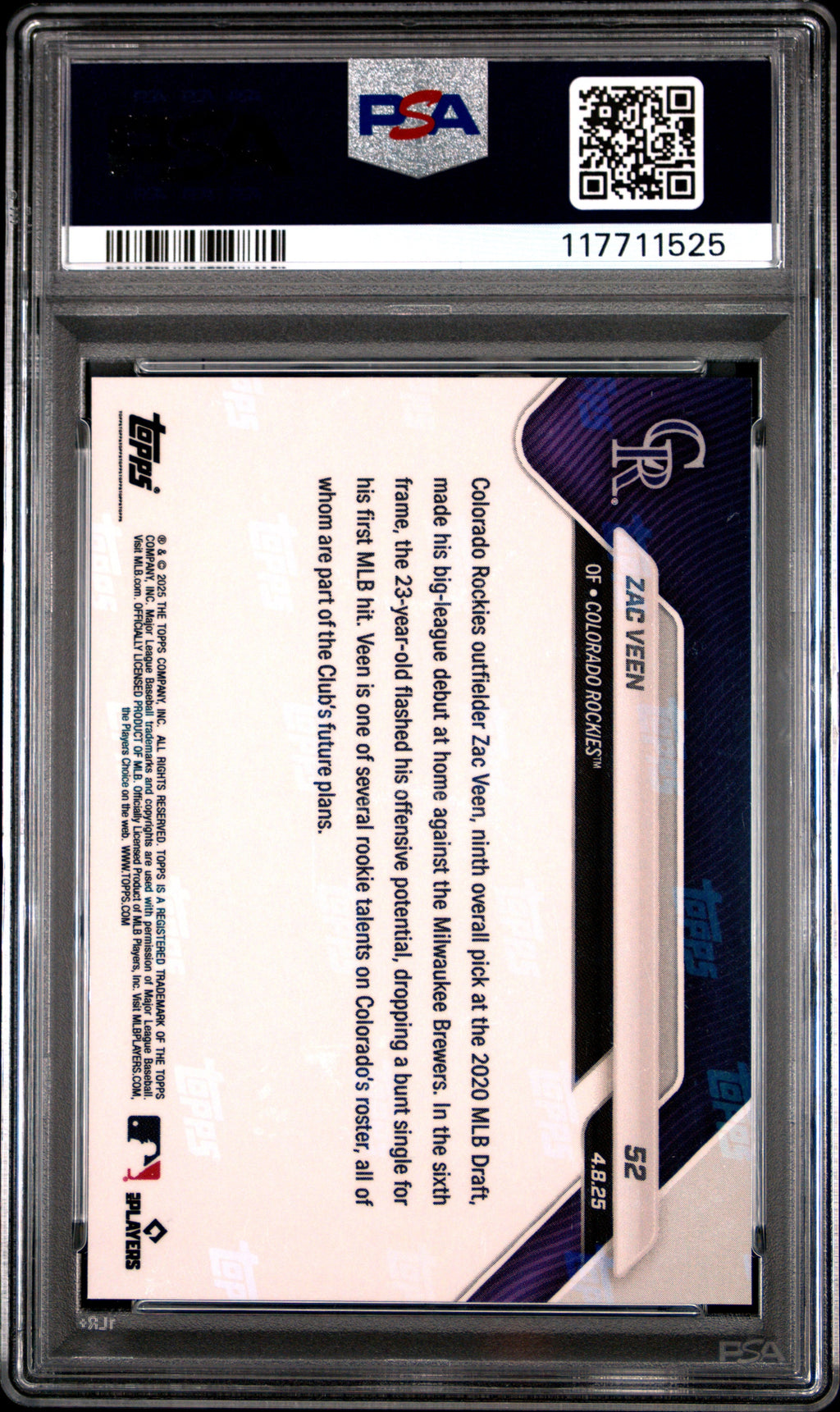 Graded 2025 Topps Now Zac Veen #52 Gold Foil /50 Rookie RC Baseball Card PSA 10 Gem Mint