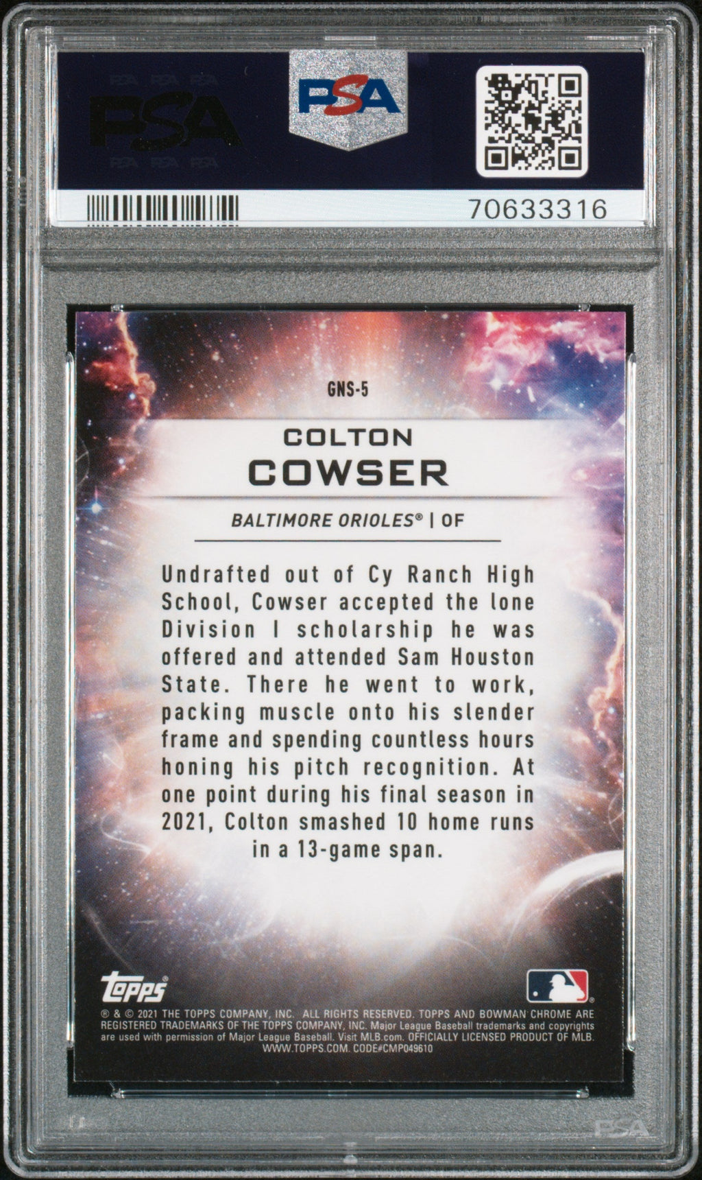 Graded 2021 Topps Bowman Draft Colton Cowser #GNS5 Genesis Rookie RC Baseball Card PSA 10 Gem Mint