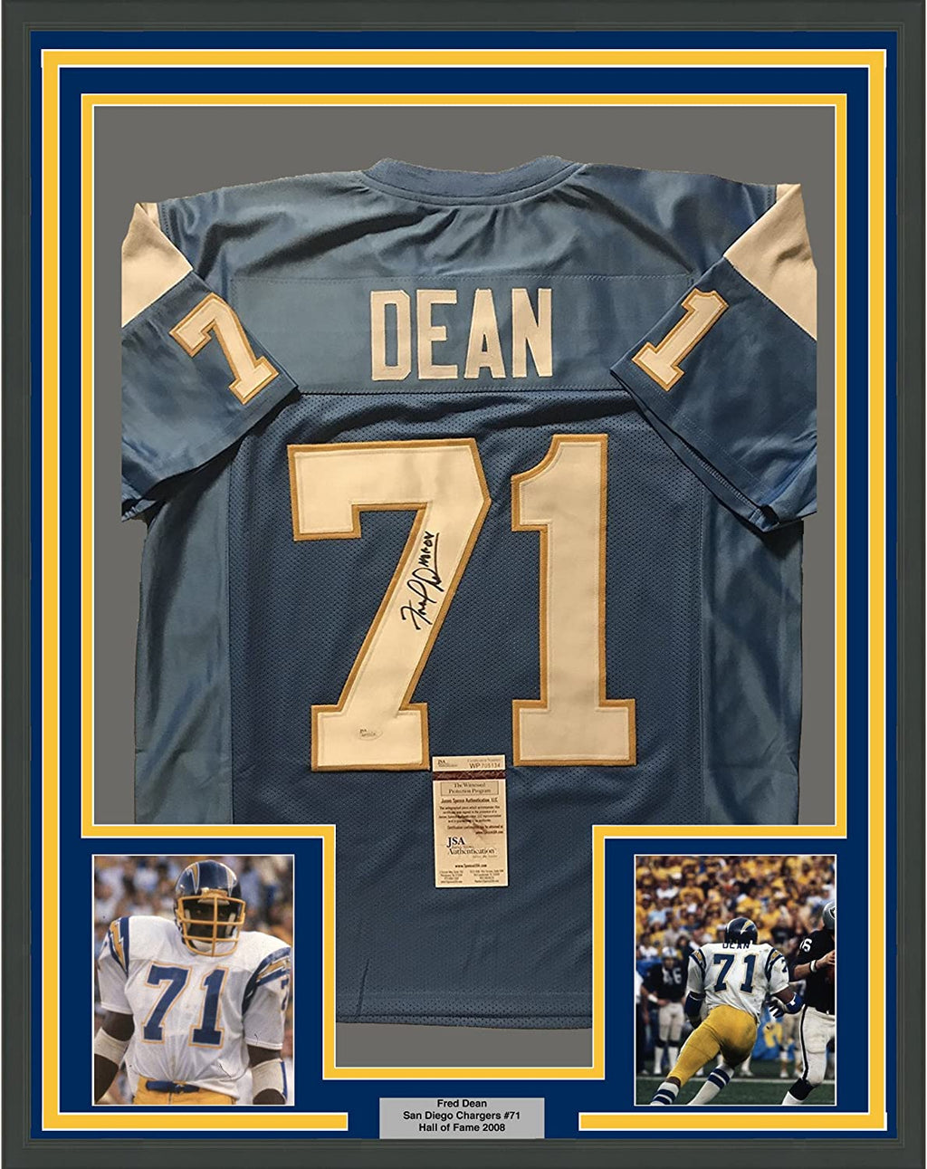 Framed Autographed/Signed Fred Dean HOF 08  35x39 San Diego Chargers Powder Blue Football Jersey JSA COA