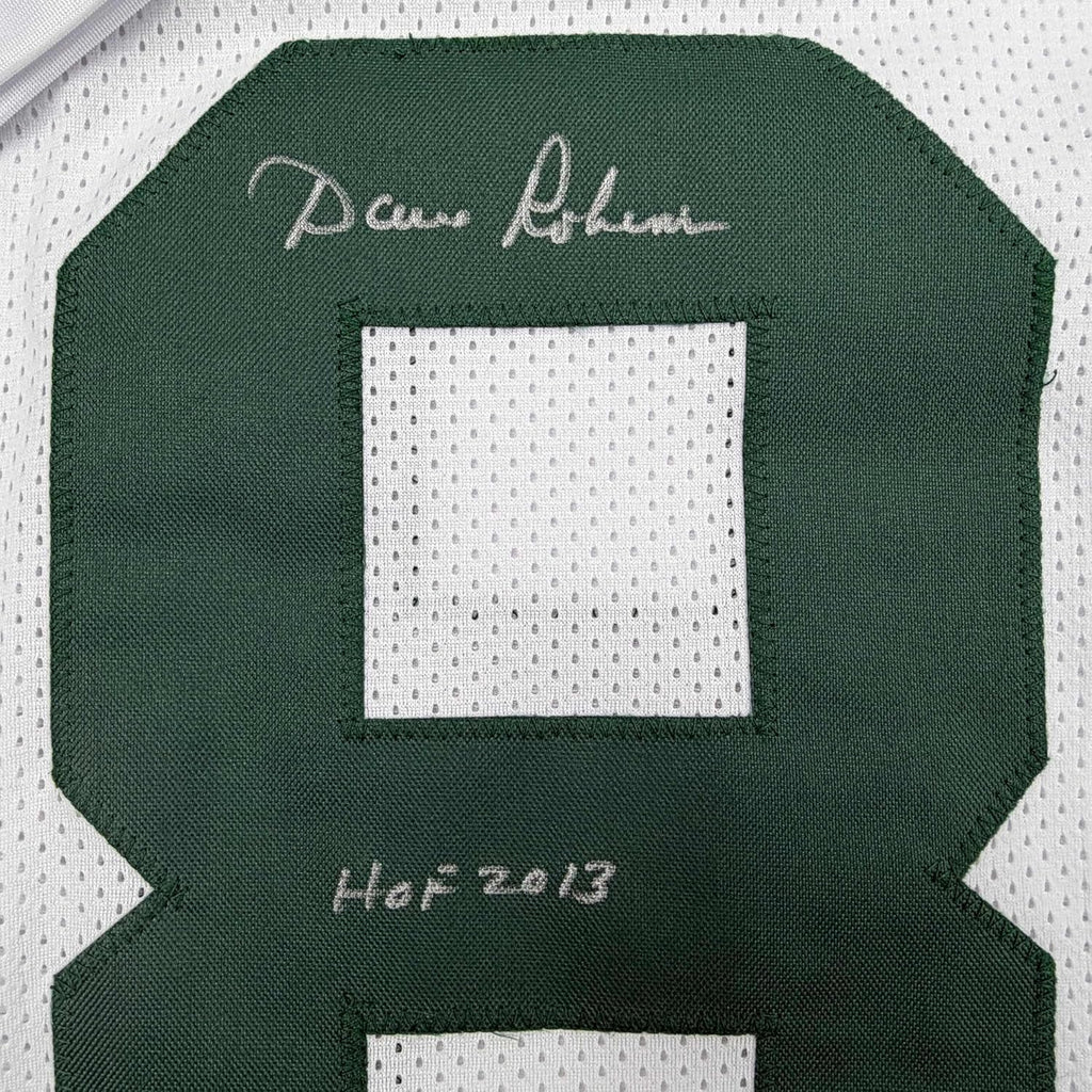 Framed Autographed/Signed Dave Robinson 35x39 HOF 13 Green Bay White Football Jersey JSA COA