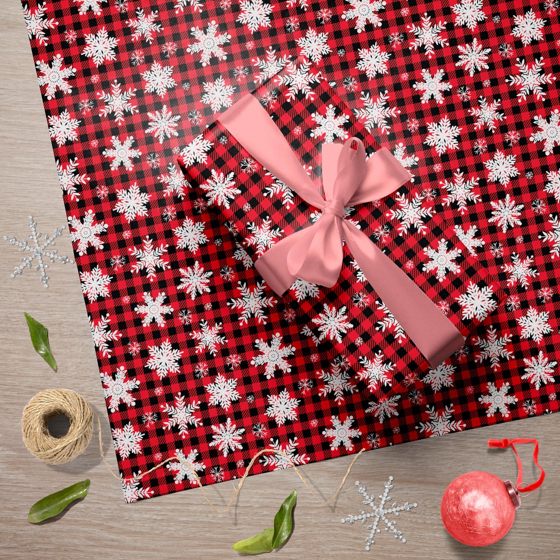 GIOLNIAY Christmas Wrapping Paper Snowflakes Red Black Plaid 28x40 4 Sheets