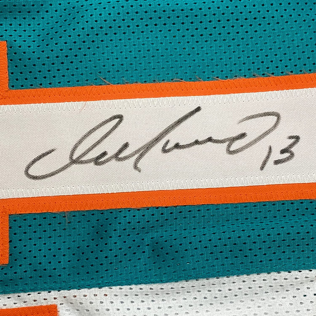 Framed Autographed/Signed Dan Marino 35x39 Miami Split Teal/White Football Jersey JSA COA