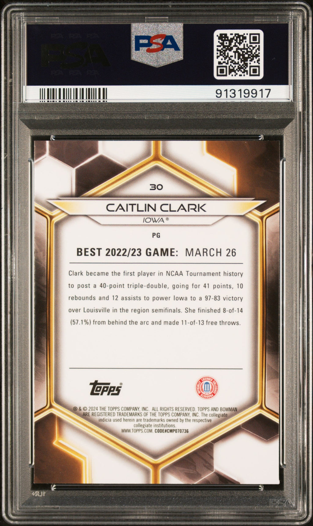 Graded 2023 Topps Bowman U Best Caitlin Clark #30 Rookie RC Basketball Card PSA 10 Gem Mint
