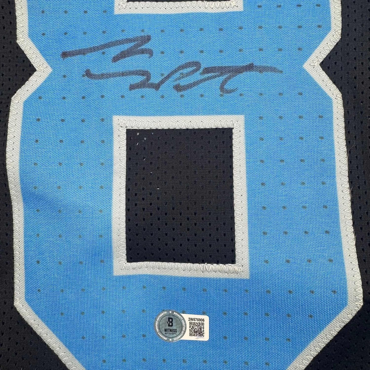 Framed Autographed/Signed Sam LaPorta 35x39 Detroit Black Football Jersey Beckett BAS COA