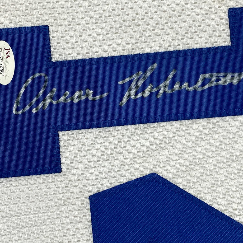 Framed Autographed/Signed Oscar Robertson 35x39 Cincinnati White Basketball Jersey JSA COA