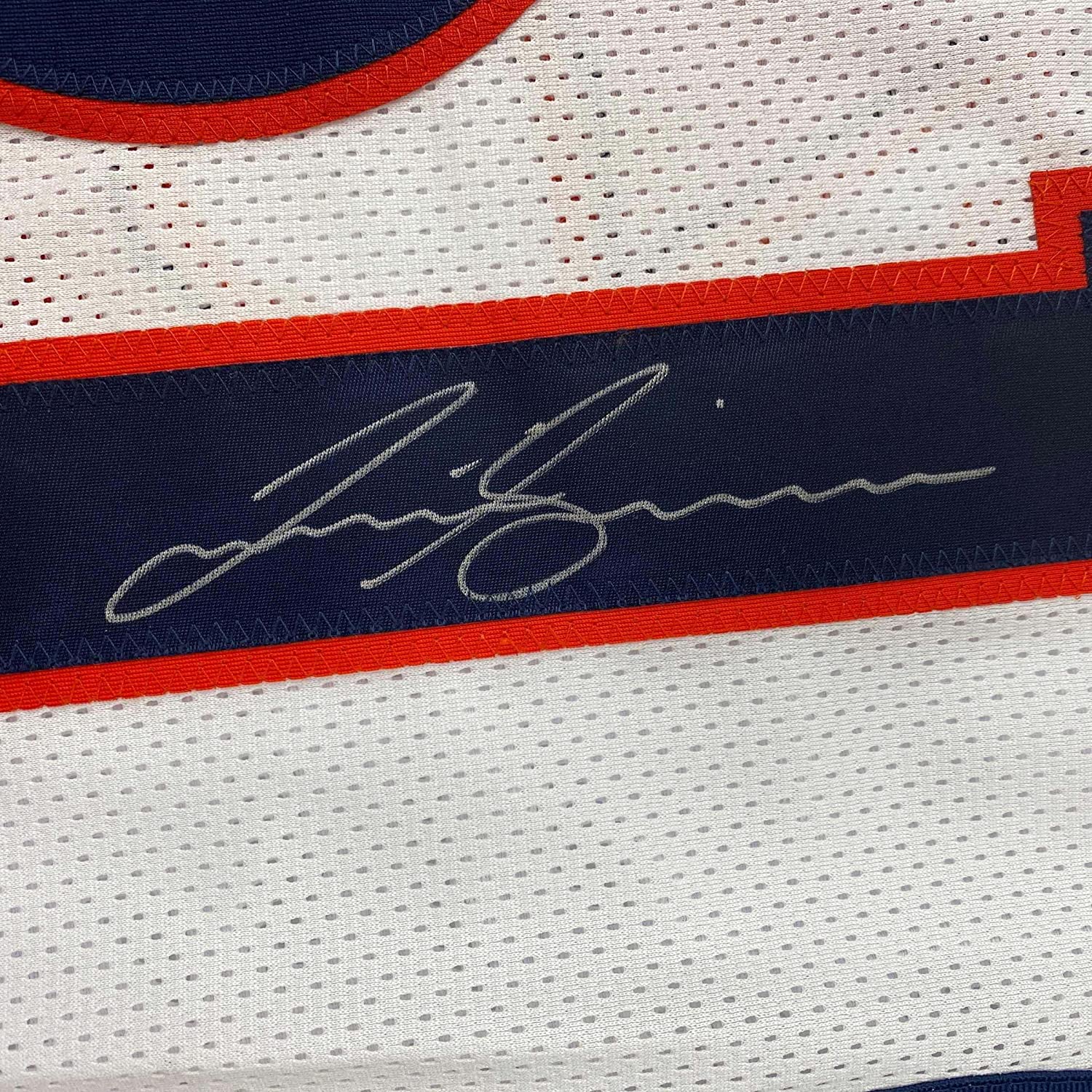 Framed Autographed/Signed Justin Simmons 35x39 Denver White Football Jersey JSA COA