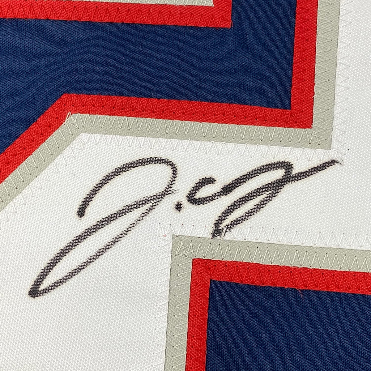 Framed Autographed/Signed JC J.C. Jackson 35x39 New England Blue Football Jersey JSA COA