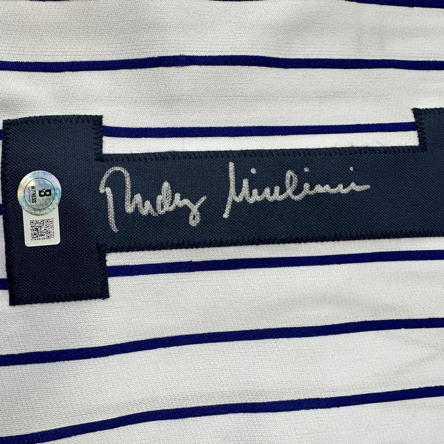 Framed Autographed/Signed Rudy Giuliani 35x39 New York Pinstripe Baseball Jersey Beckett BAS COA