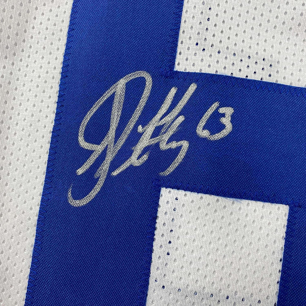 Framed Autographed/Signed Jeff Saturday 35x39 Indianapolis White Football Jersey JSA COA