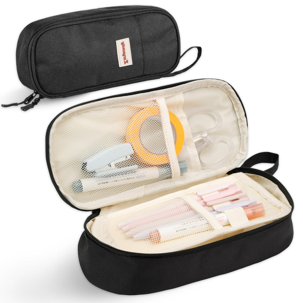 Zzrywuty Large Zipper Pen Case Pencil Pouch for Office Travel Black