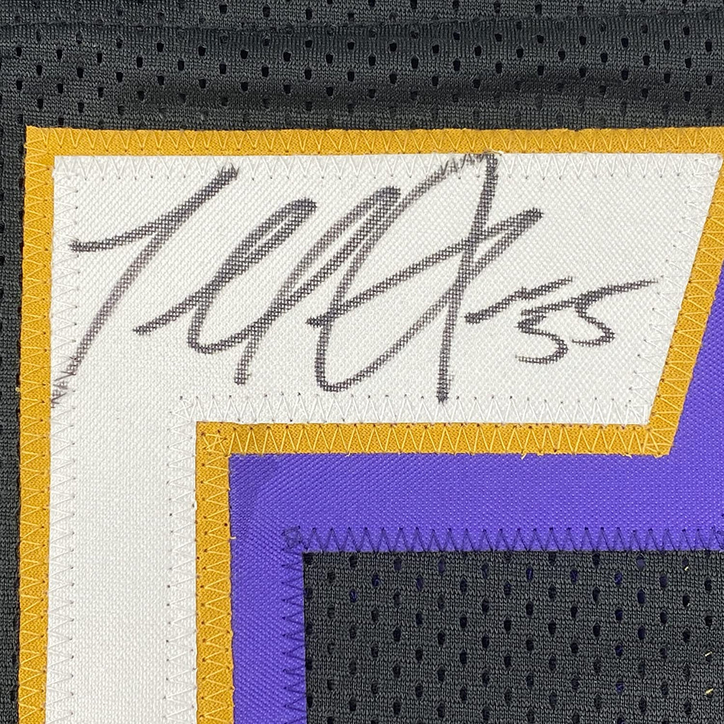 Framed Autographed/Signed Terrell Suggs 35x39 Baltimore Black Football Jersey JSA COA