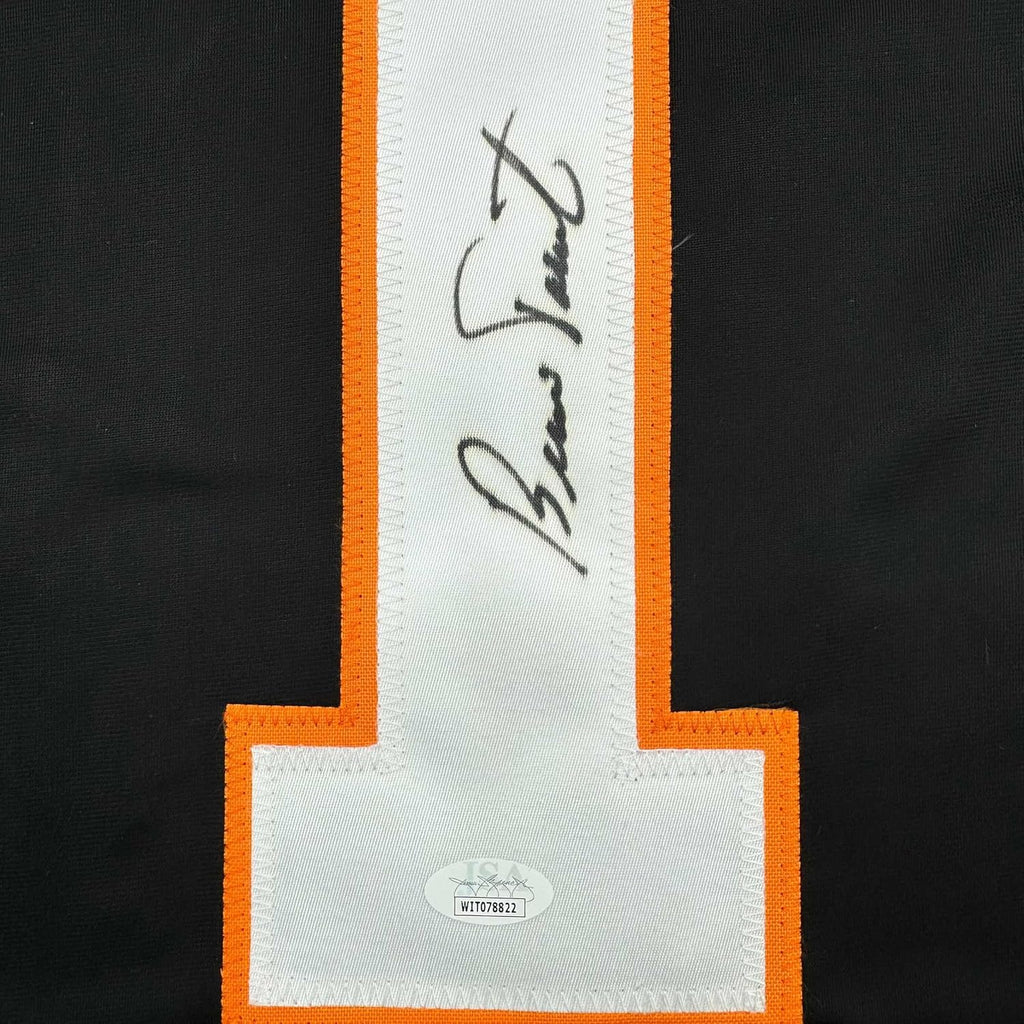 Framed Autographed/Signed Bernie Parent 35x39 Philadelphia Black Hockey Jersey JSA COA