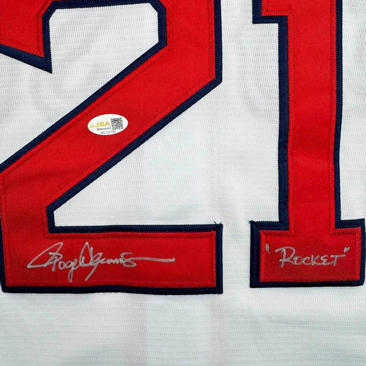 Framed Autographed/Signed Roger Clemens "Rocket" 35x39 Boston White Baseball Jersey JSA COA