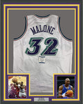 Framed Autographed/Signed Karl Malone 35x39 Utah White Basketball Jersey JSA COA