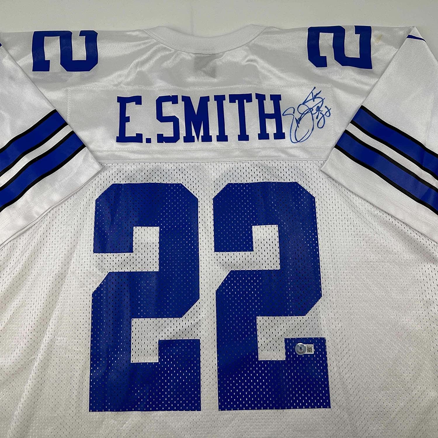 Framed Autographed/Signed Emmitt Smith 35x39 Dallas White Football Jersey Beckett BAS COA