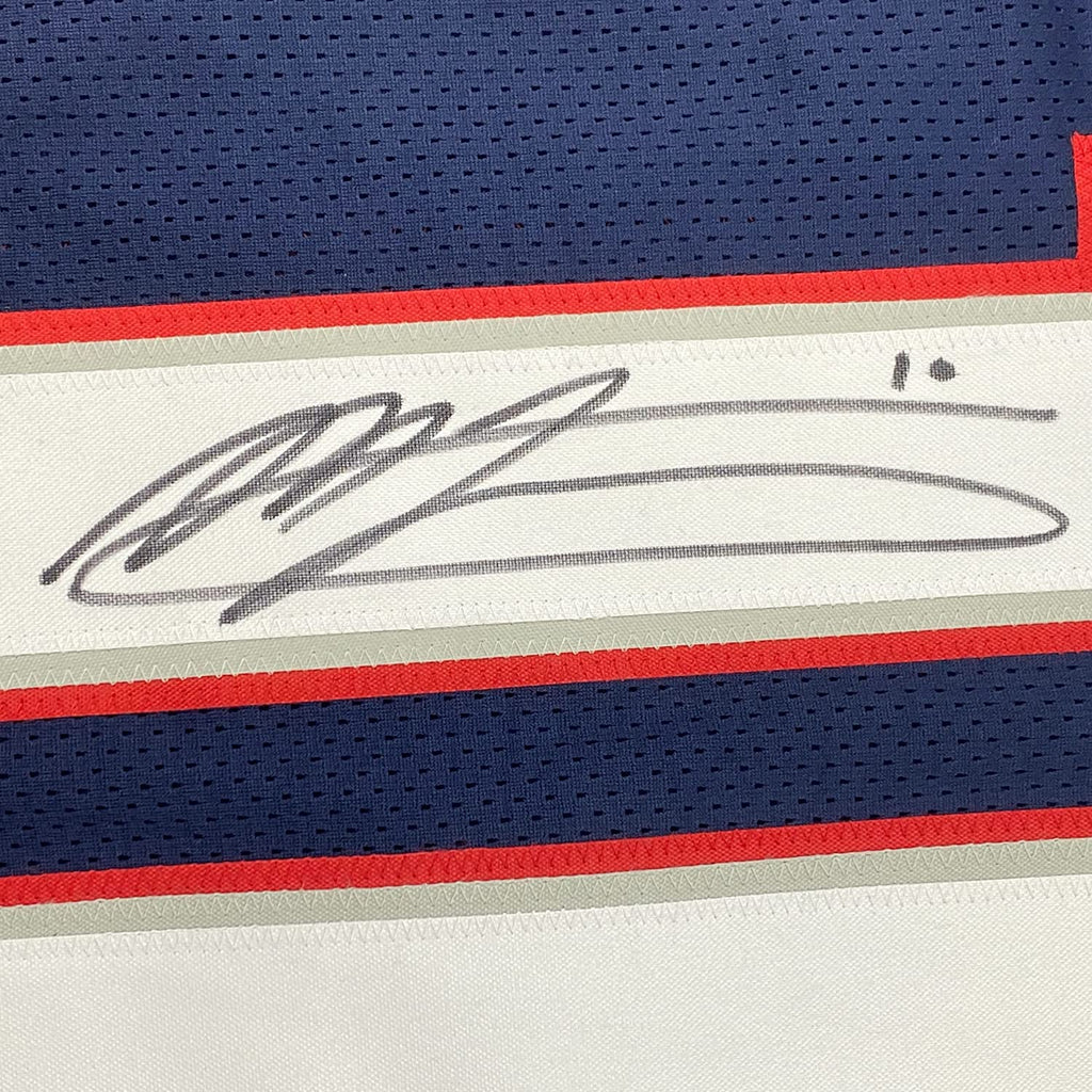 Framed Autographed/Signed Mac Jones 35x39 New England Blue Football Jersey Beckett BAS COA