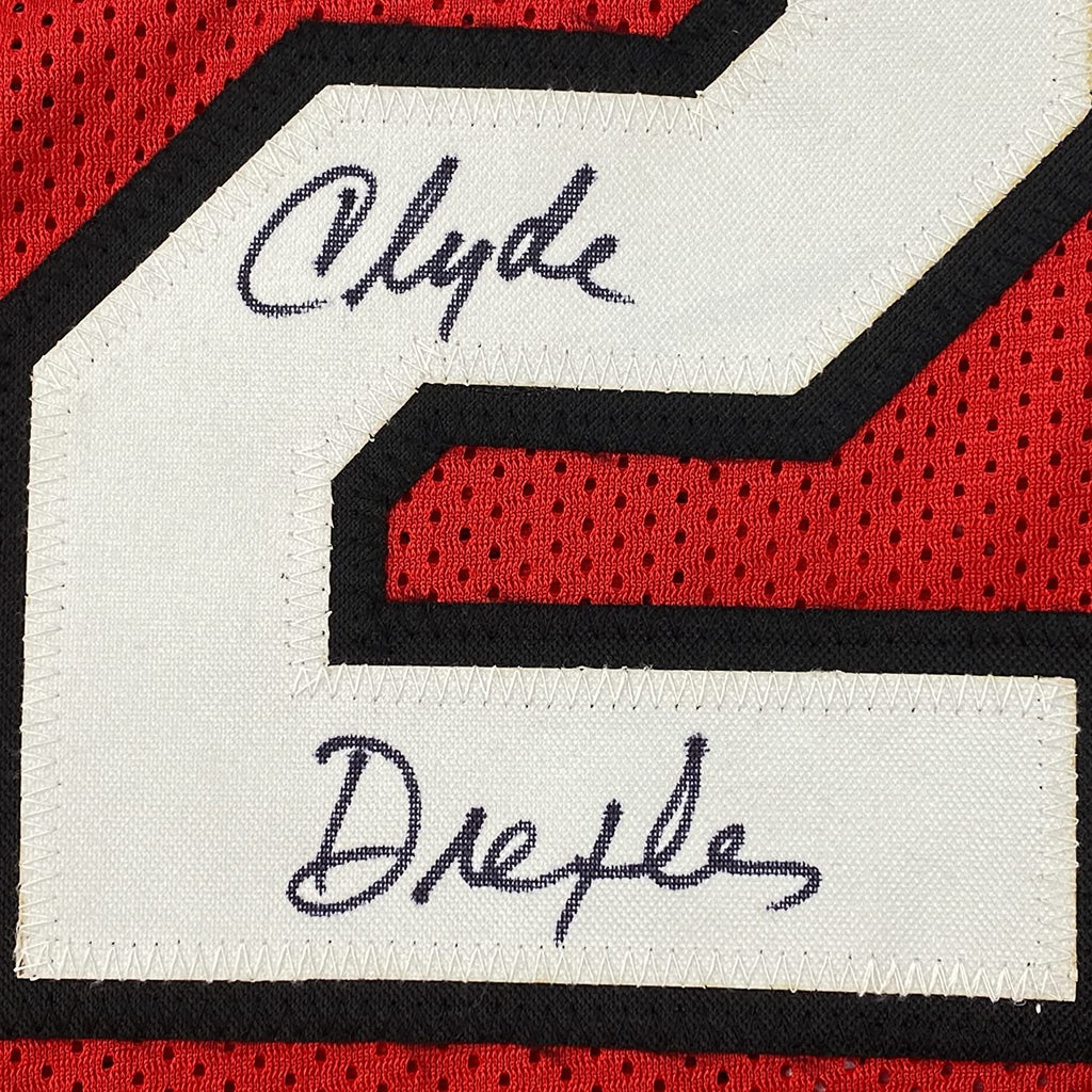 Framed Autographed/Signed Clyde Drexler 35x39 Portland Red Basketball Jersey JSA COA
