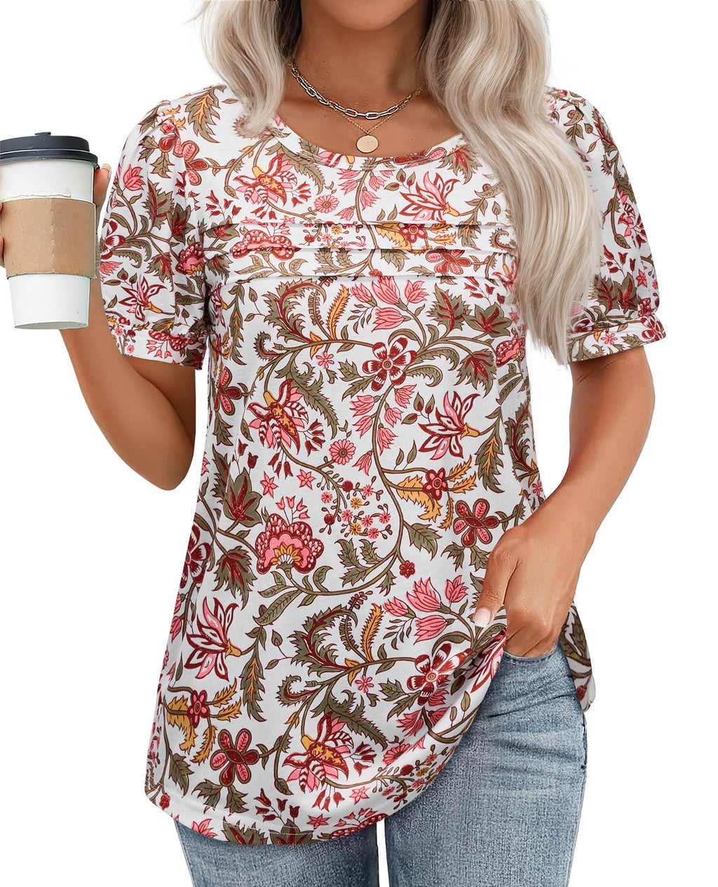 Uhiger Womens Summer Pleated Puff Sleeve Top Crewneck White Orange Flower Size S