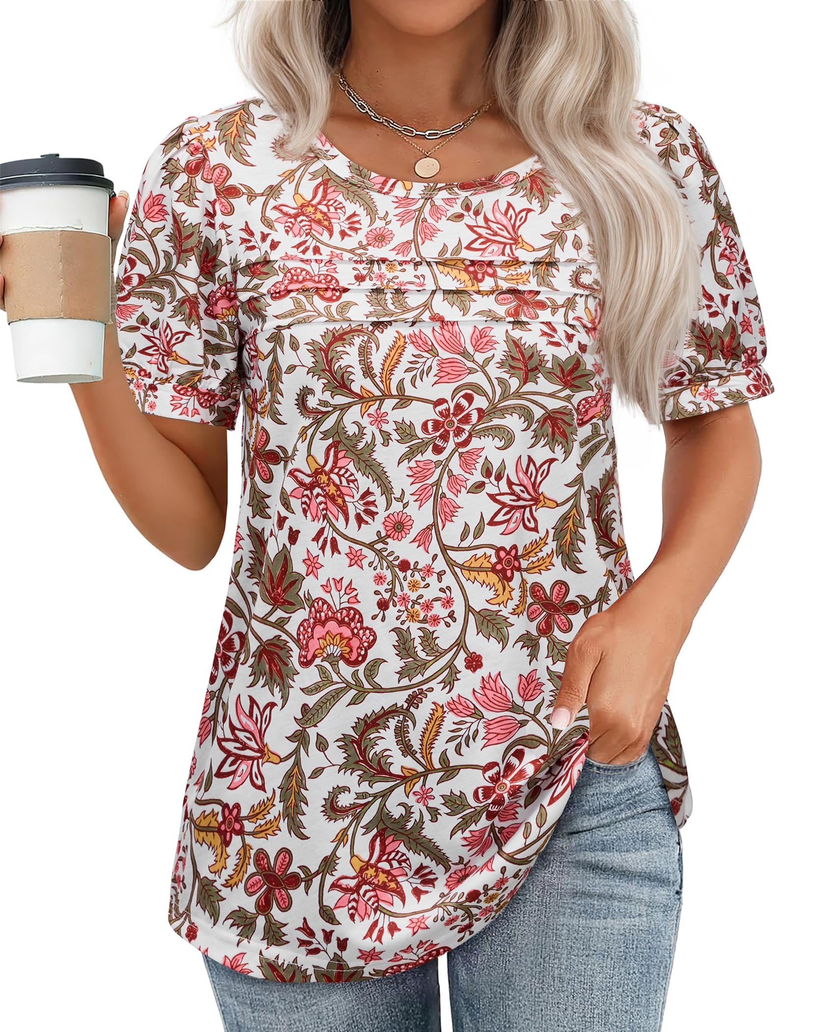 Uhiger Womens Summer Pleated Puff Sleeve Top Crewneck White Orange Flower Size S